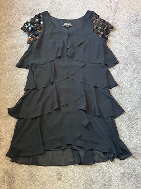 Fashion Gallery Black Tiered Ruffle Dress Sequin Sleeve Cocktail Party SIZE 18